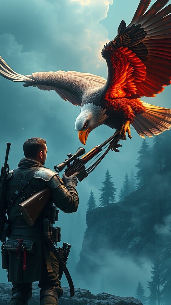 Soldier Versus Eagle with Crossbow in Fantasy Battle