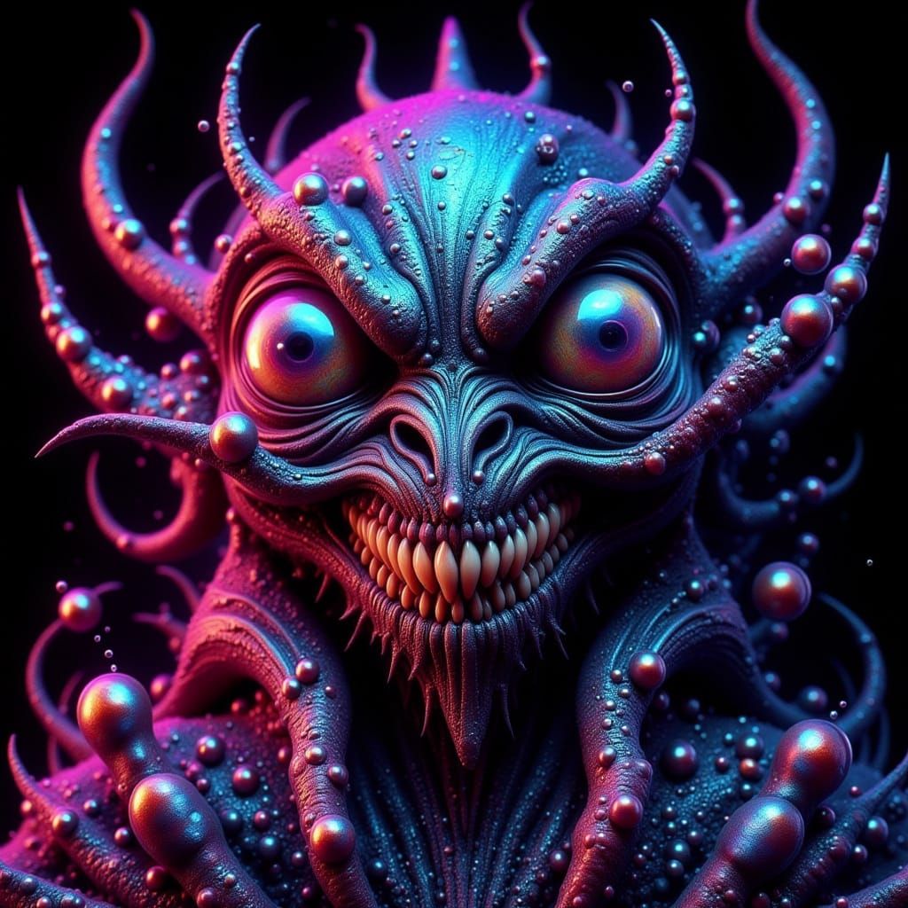 Terrifying Neon Alien Reaching for Astronaut