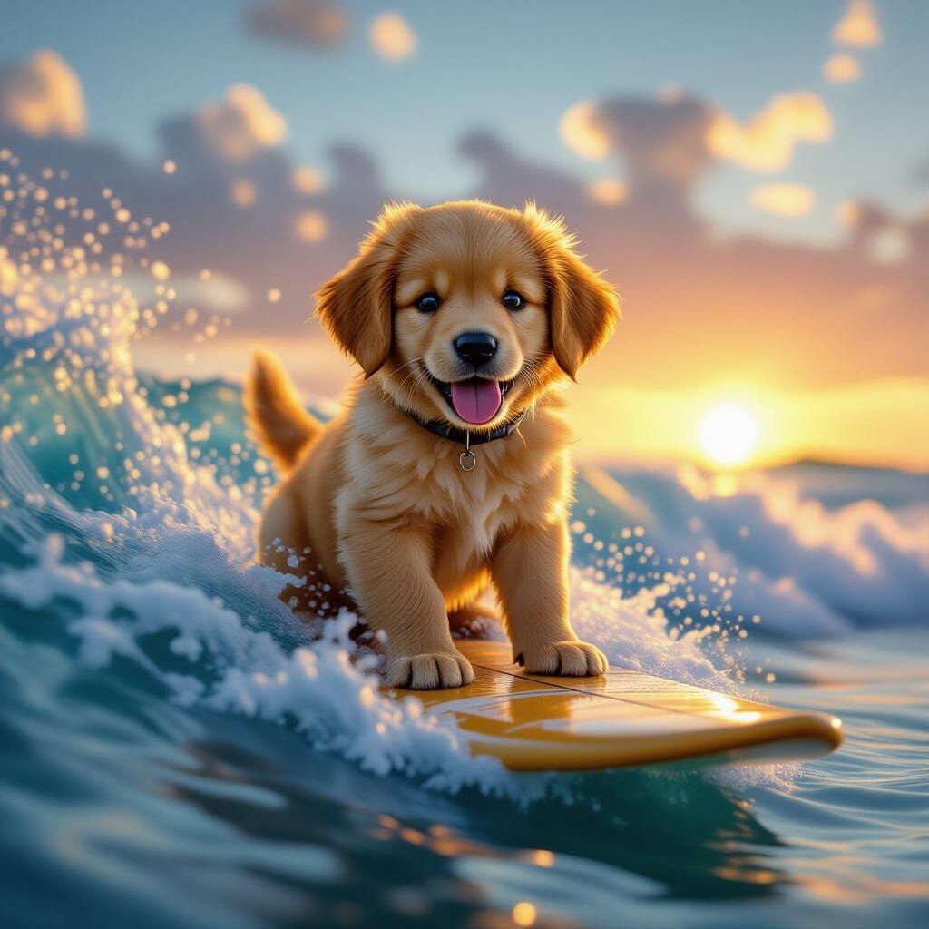 Golden Retriever Puppy Surfing at Sunset: Hyperrealistic Dig...