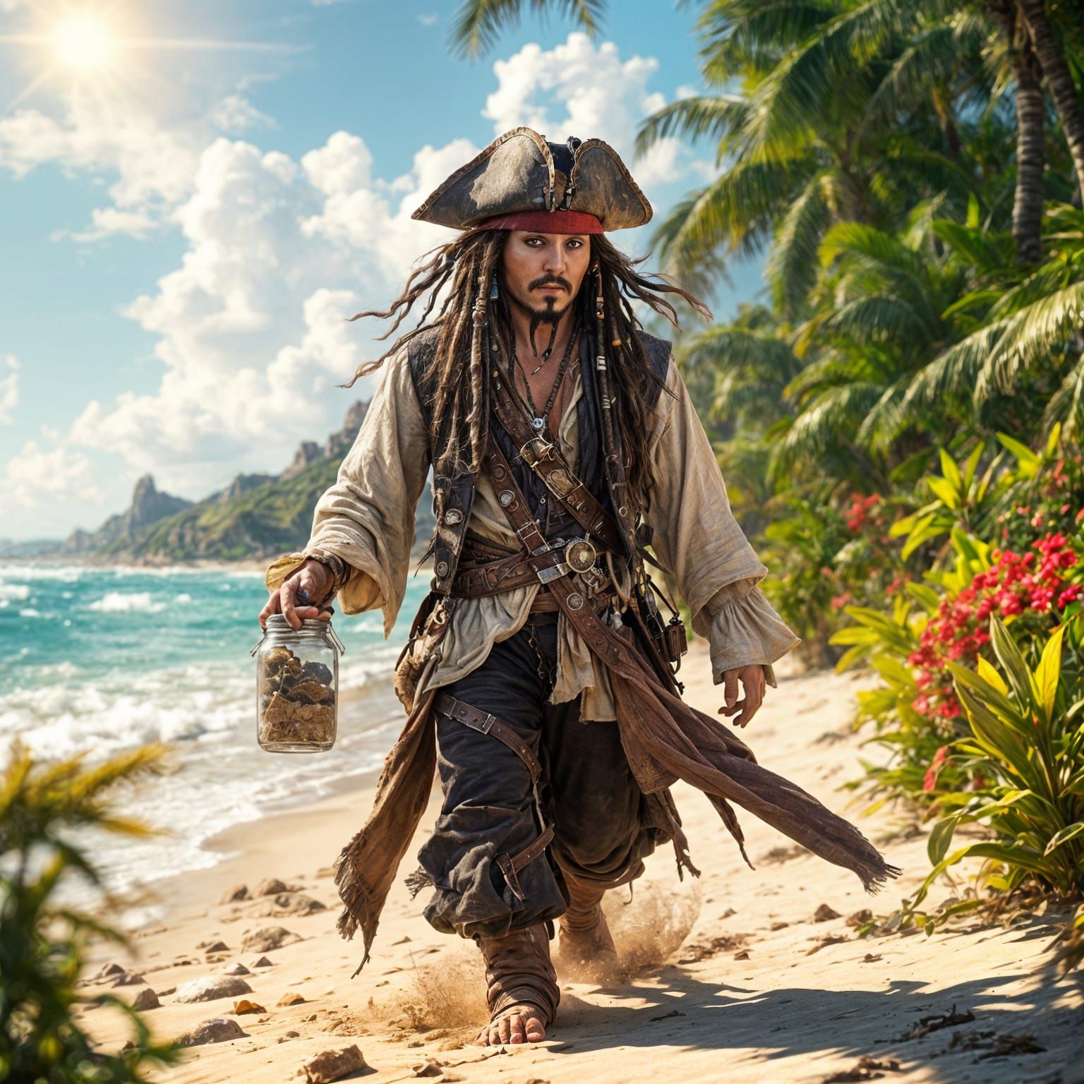 Captain Jack Sparrow Enjoys a Sunny Beach in Fantasy Concept...