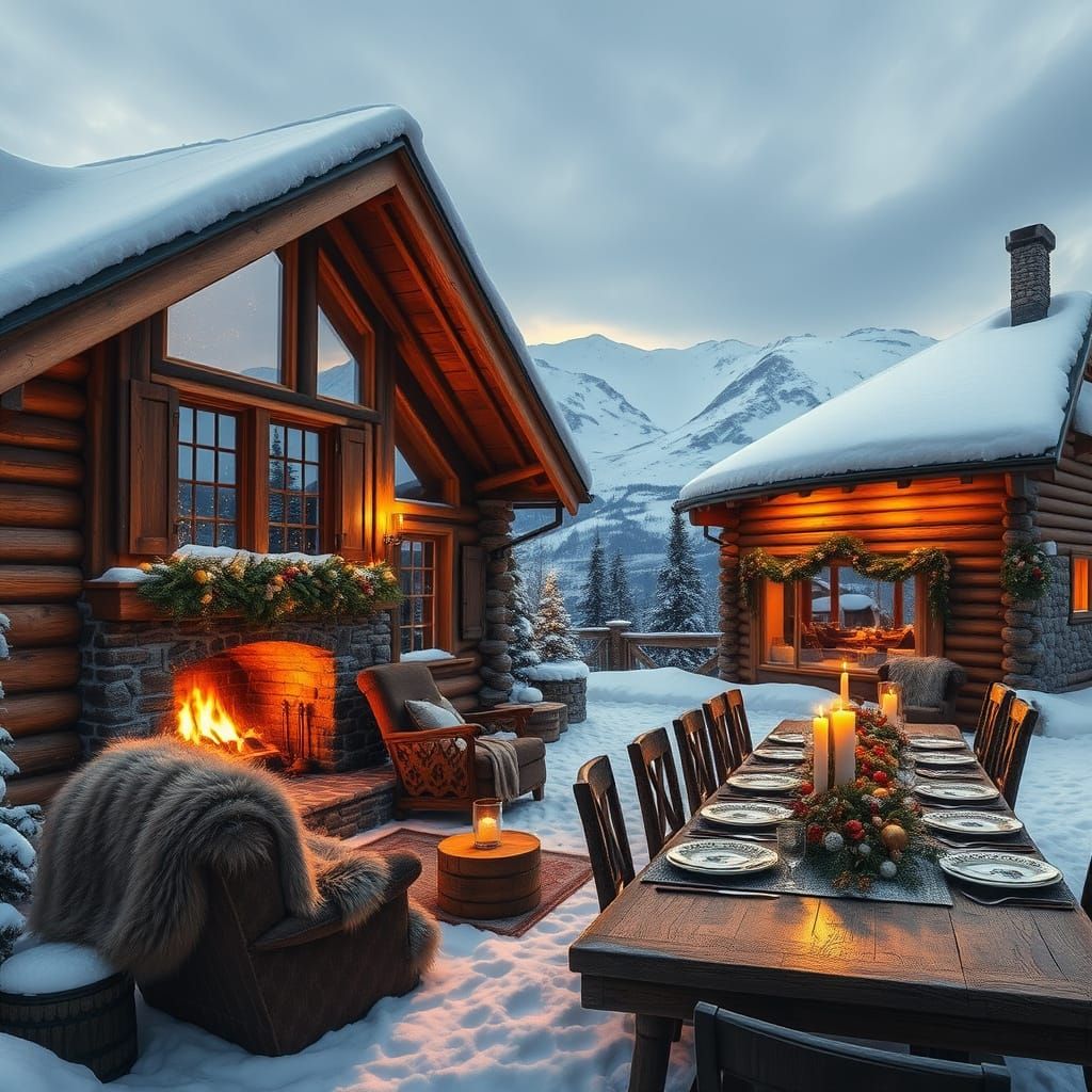 Warm Winter Chalet in Snowy Mountains with Cozy Fireplace an...