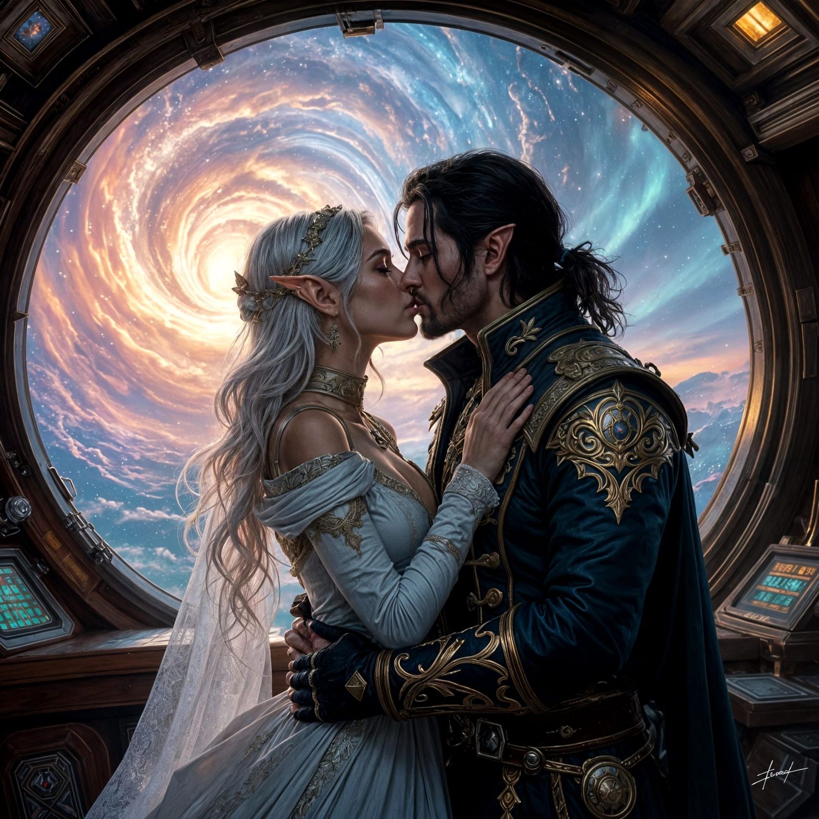 Elven Space Pirate Kiss Amidst Nebula, Oil Painting