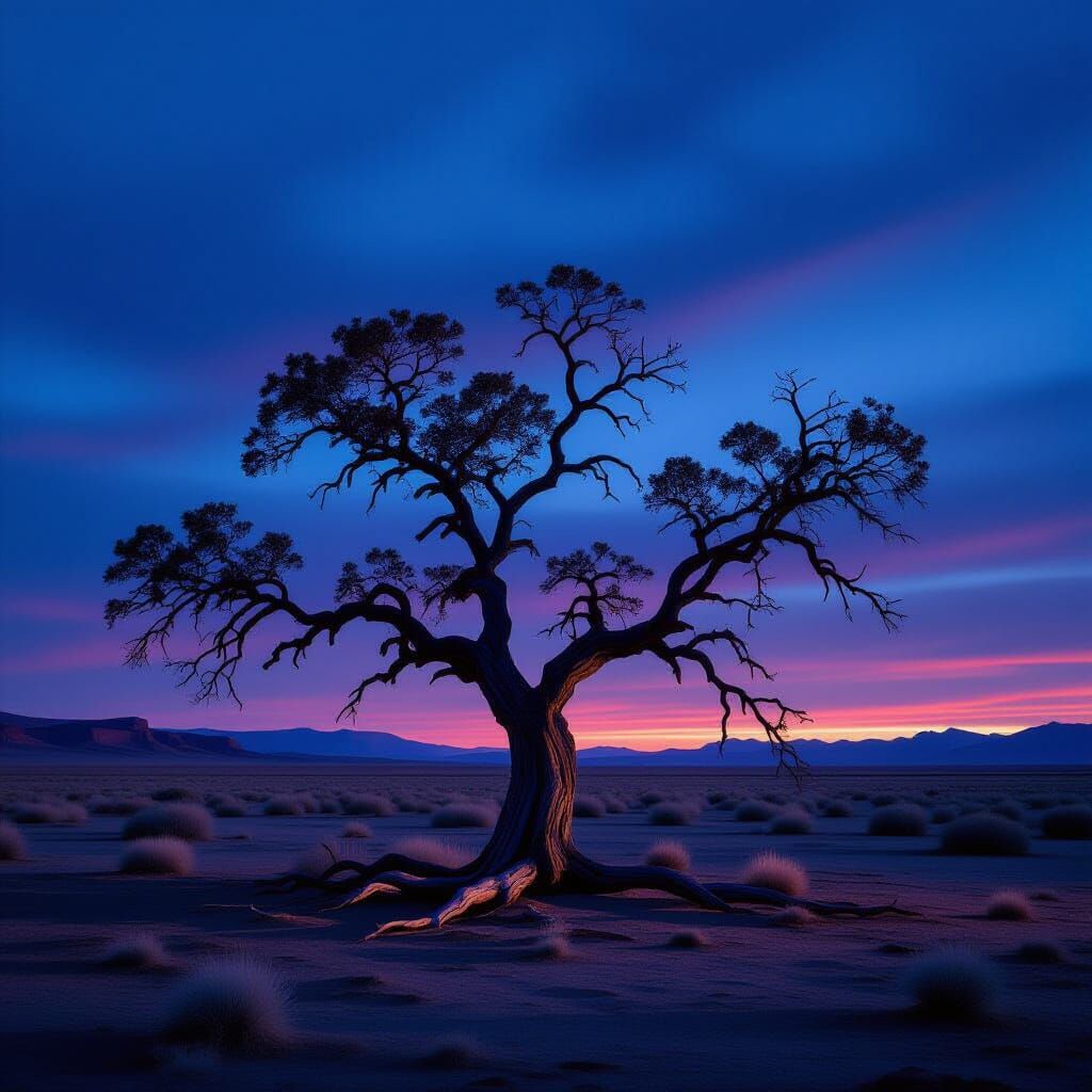 Ancient Desert Tree Sentinel in Twilight