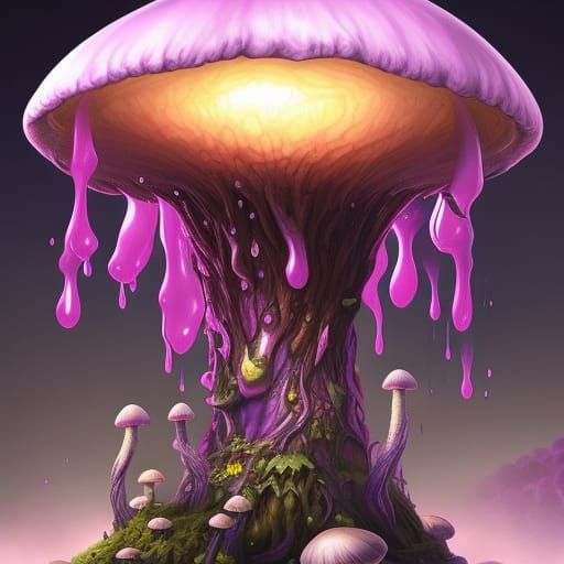 Giant Mushroom Dripping Purple Liquid: Digital Illustration