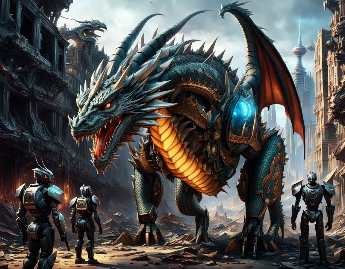 Nanotech Dragon Portrait in Ruined City