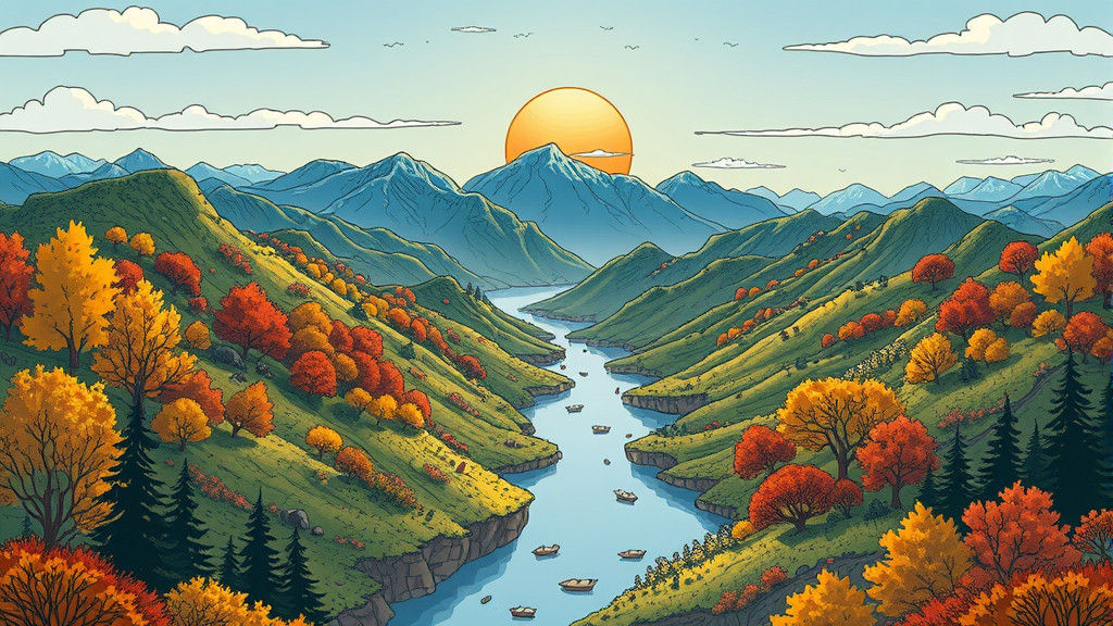 Doodle of Autumnal Valley with Floating Islands