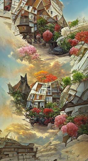 Detailed Neighborhood Painting with Colorful Flora