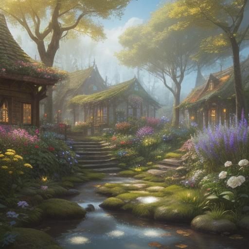 Elves in a Vibrant Garden Fantasy Concept Art