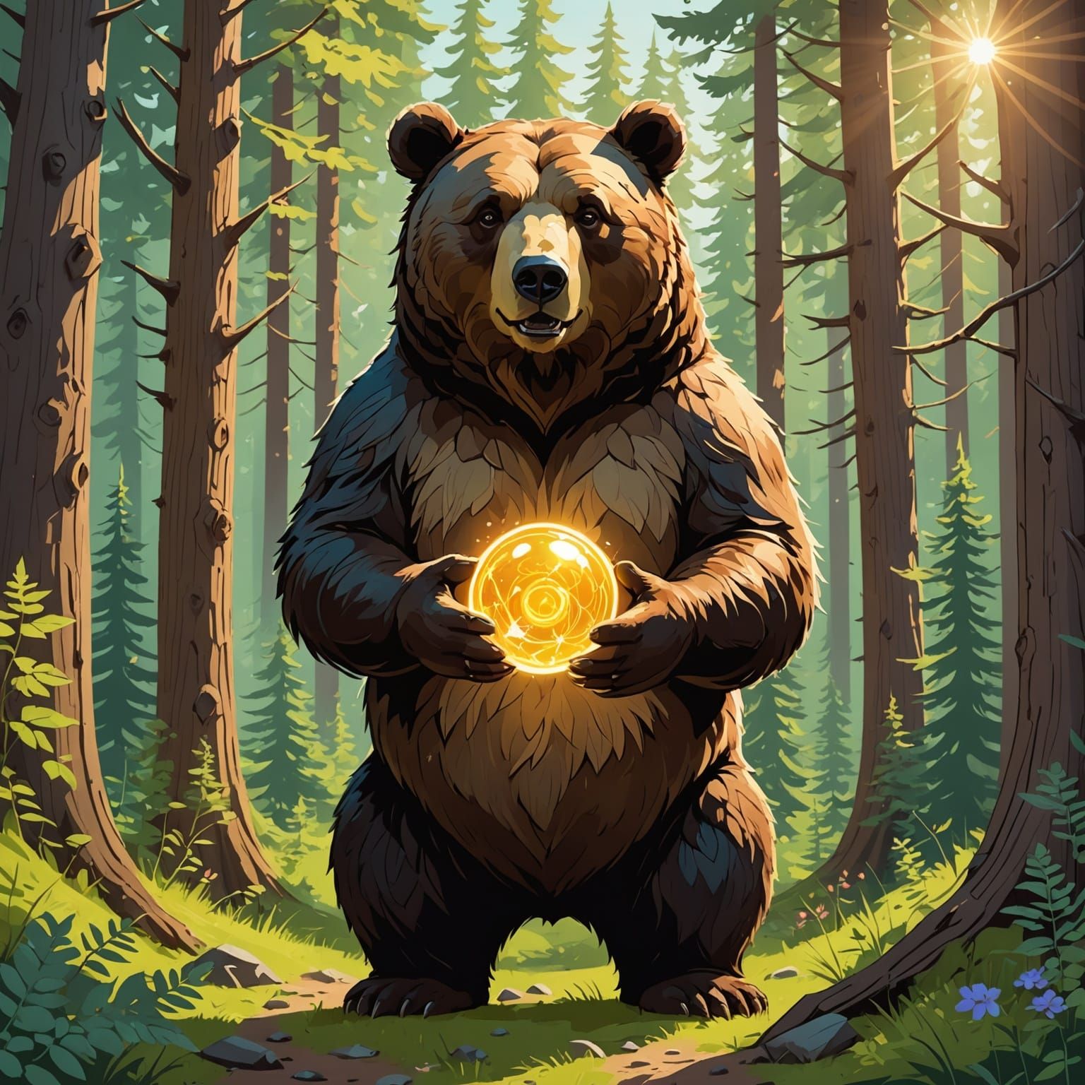 Gentle Giant Bear with Orb in Sunny Forest