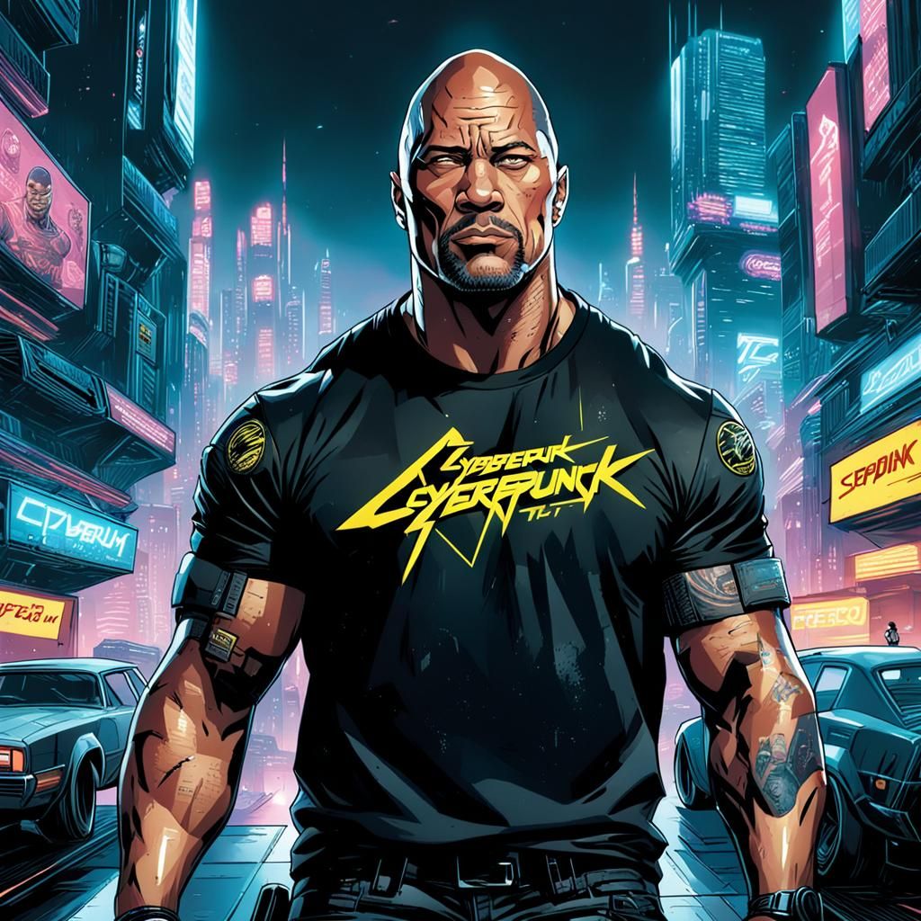 The Rock in a Neon Cyberpunk Cityscape