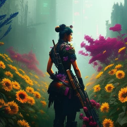 Cyberpunk Samurai Warrior with Wildflower Arrangement