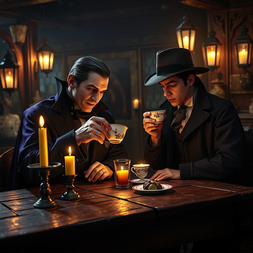 Dracula drinking blood tea with Sherlock Holmes in a witches...