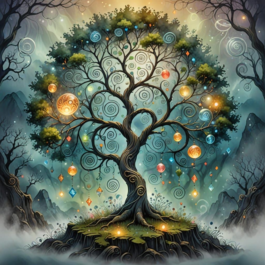 Whimsical Tree of Glowing Orbs in a Mystical Fog