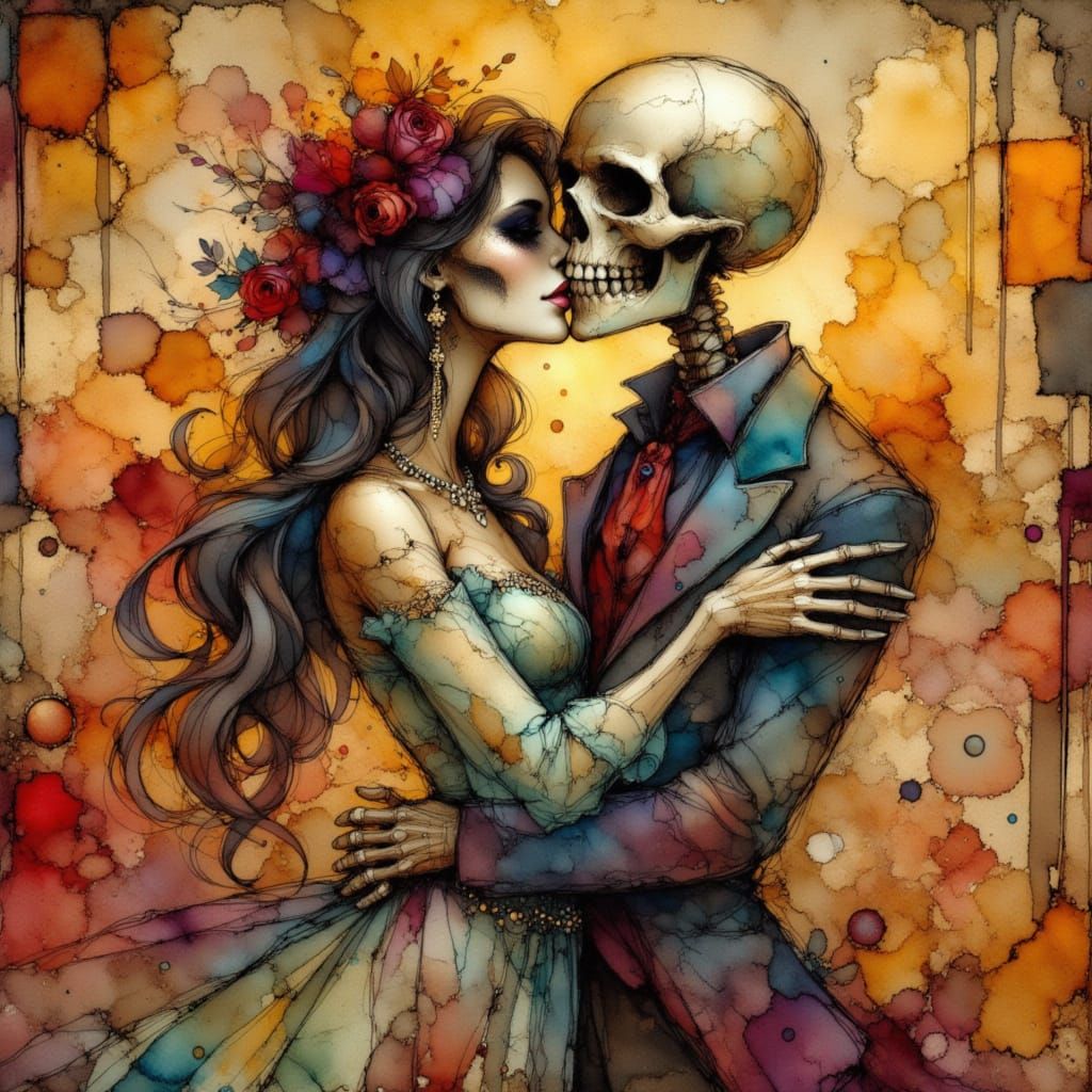 Skeleton Couple Embrace in Abstract Expressionist Style