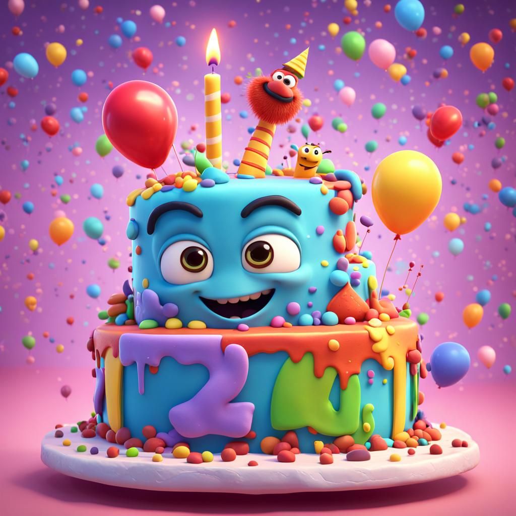 Cute Funny Birthday Cake Cartoon in 3D