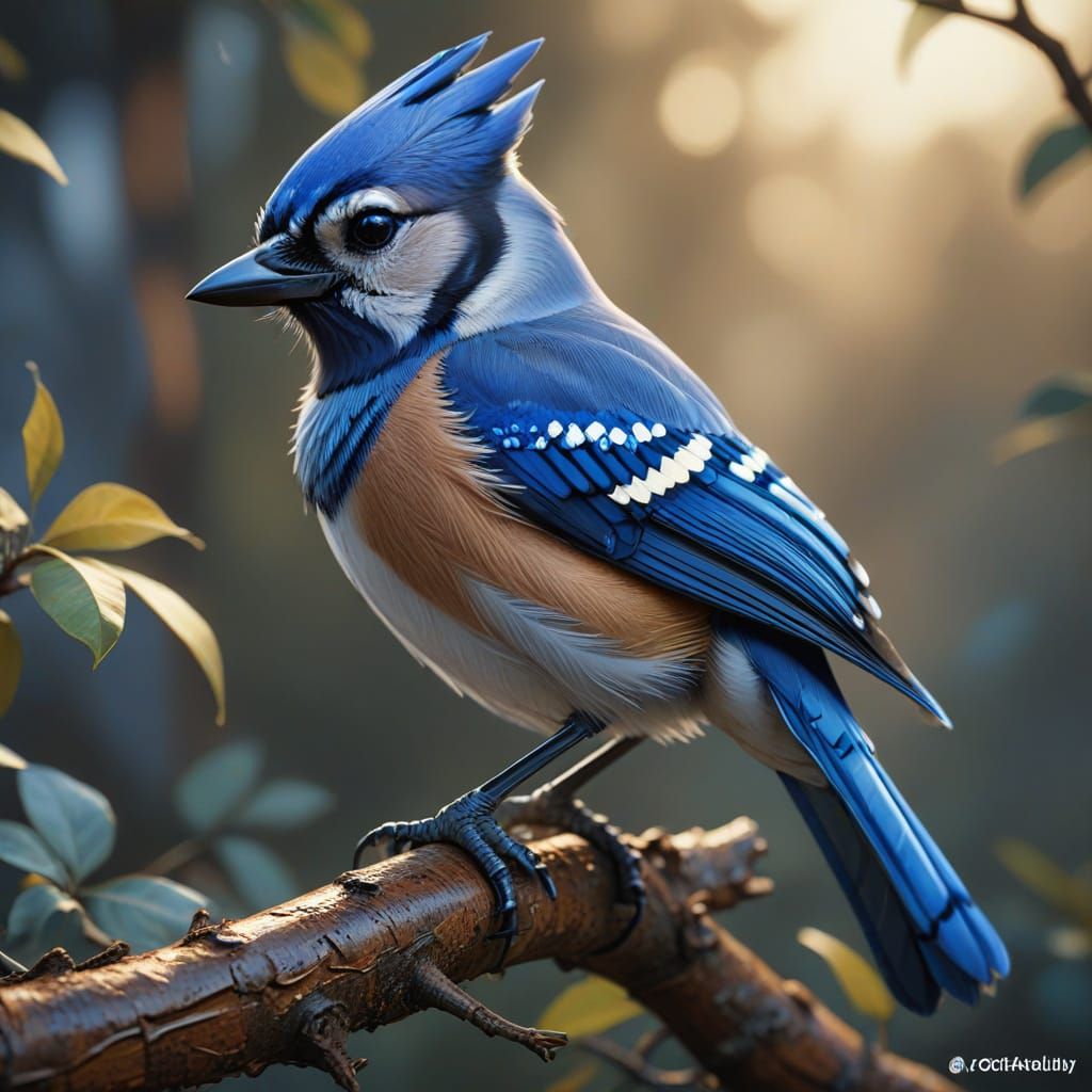 Cubist Blue Jay on Branch in Golden Hour