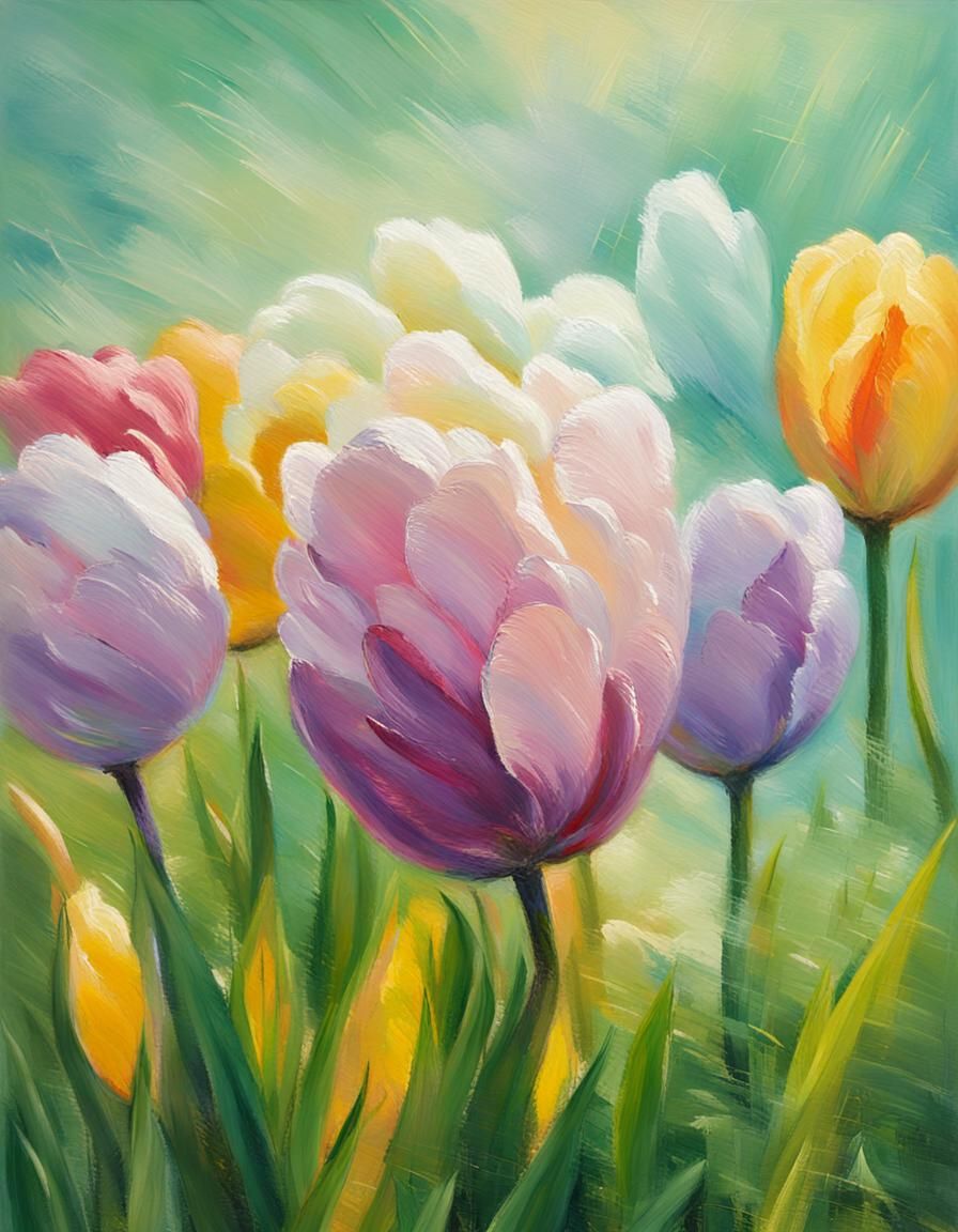 Impressionist Tulips Swaying in Sunlit Meadow