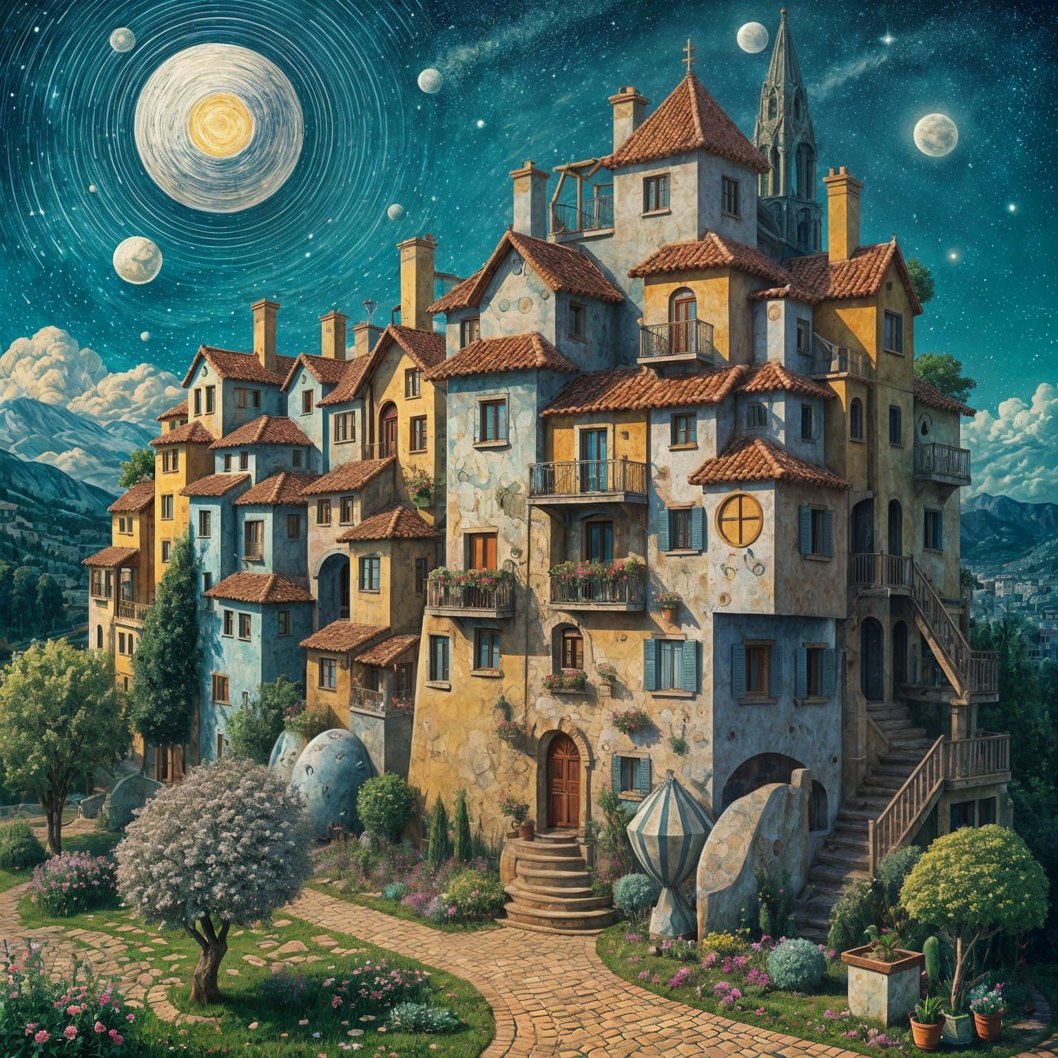 Surreal Residential Houses in Vibrant, Dreamlike Style