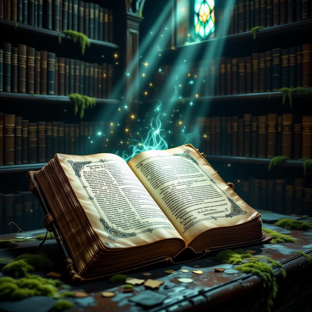 Forgotten Library: Ancient Book with Ethereal Light