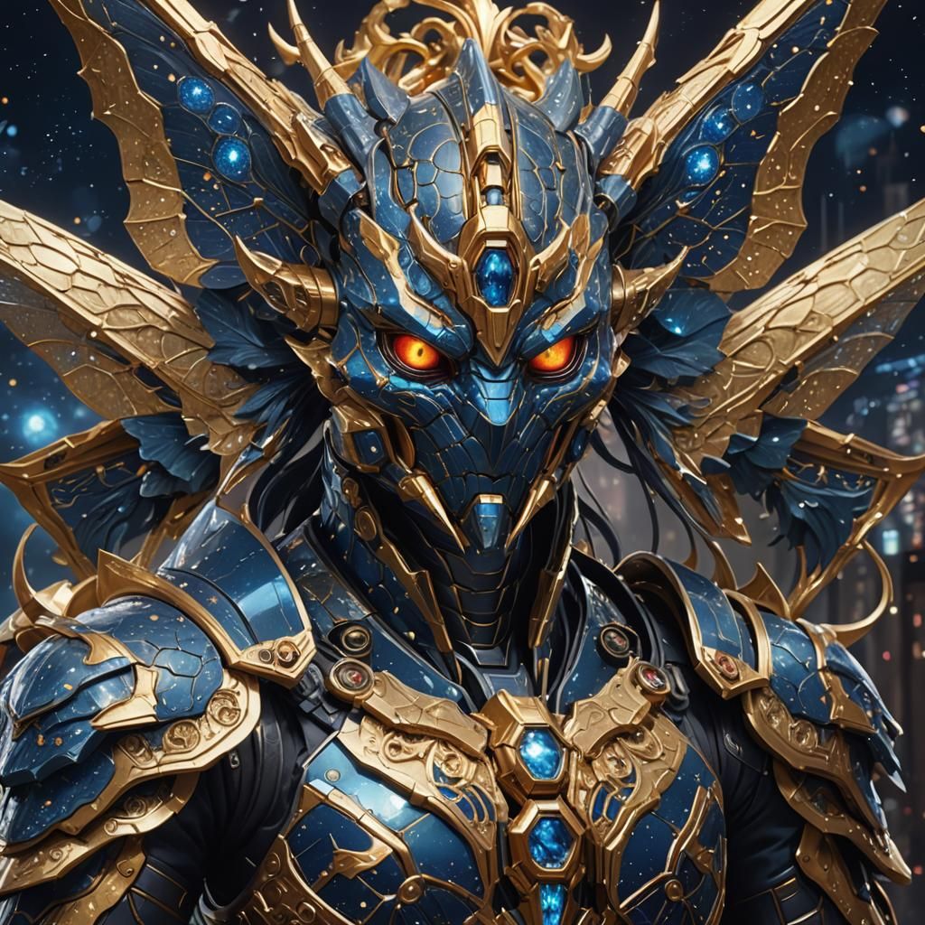 Armored Kaiju Moth Portrait in Starry Night Style