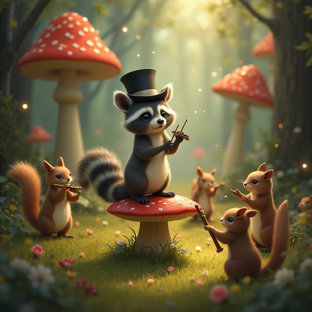 A mischievous raccoon in a tiny top hat, conducting an orchestra of squirrels playing miniature instruments, set within ...