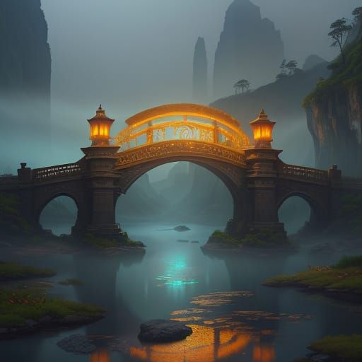 Majestic, Glowing Bridge in a Mystical Chasm