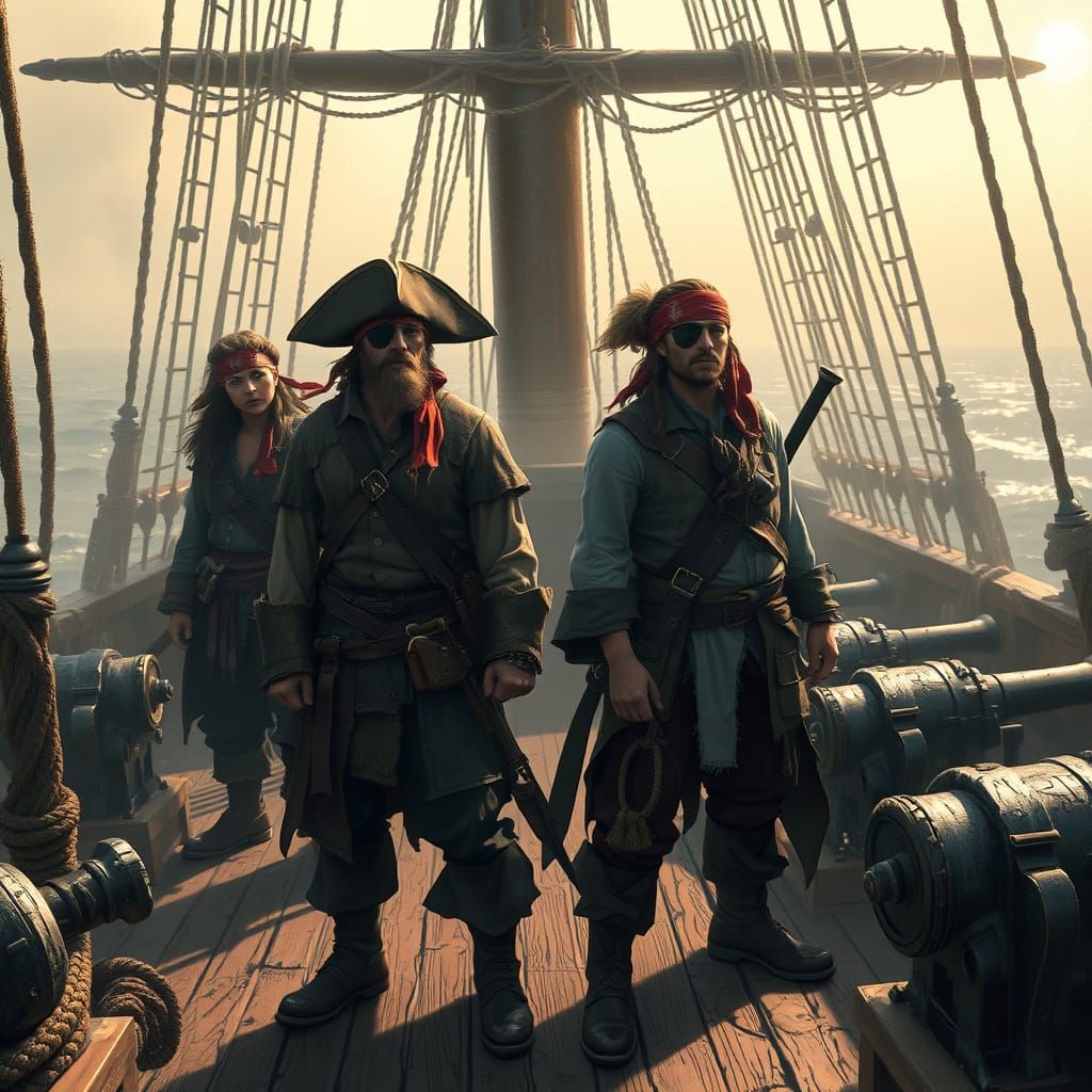 Pirates on Deck in Golden Light