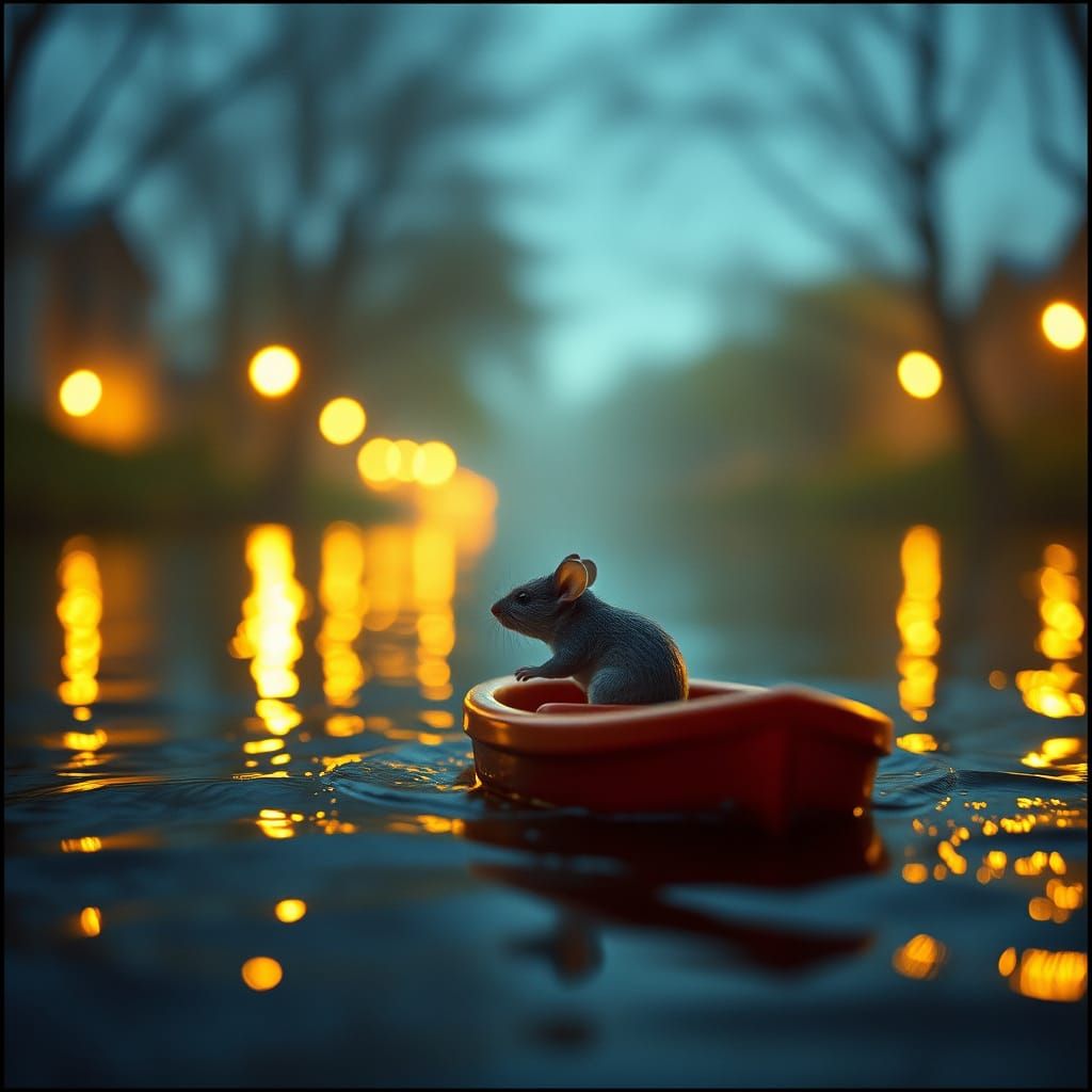 Mouse on Toy Boat, Floating Down River in Cinematic Film Sty...