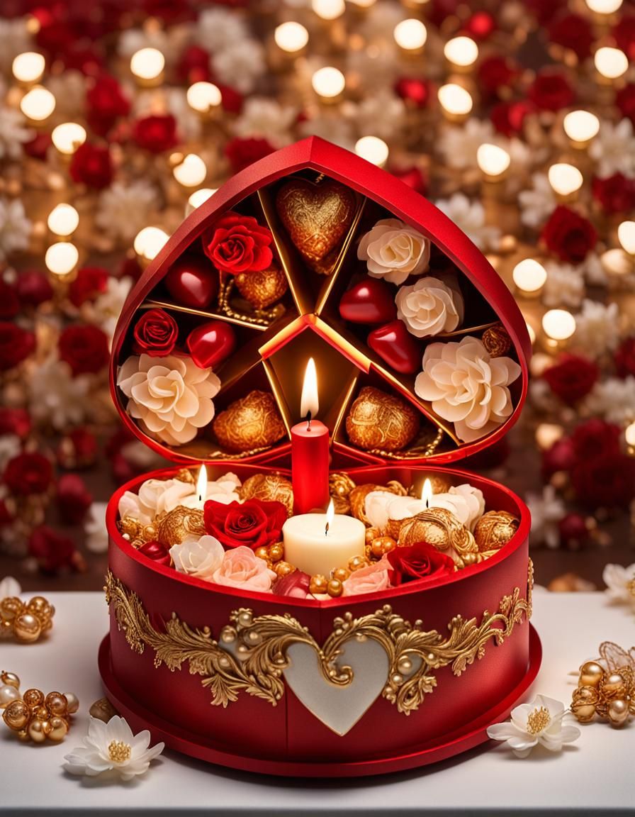 Heart-Shaped Chocolate Box with Flowers and Lights