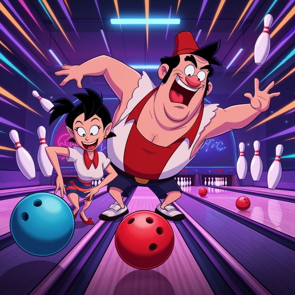 Oyl and Bluto Bowling in Cartoon Style