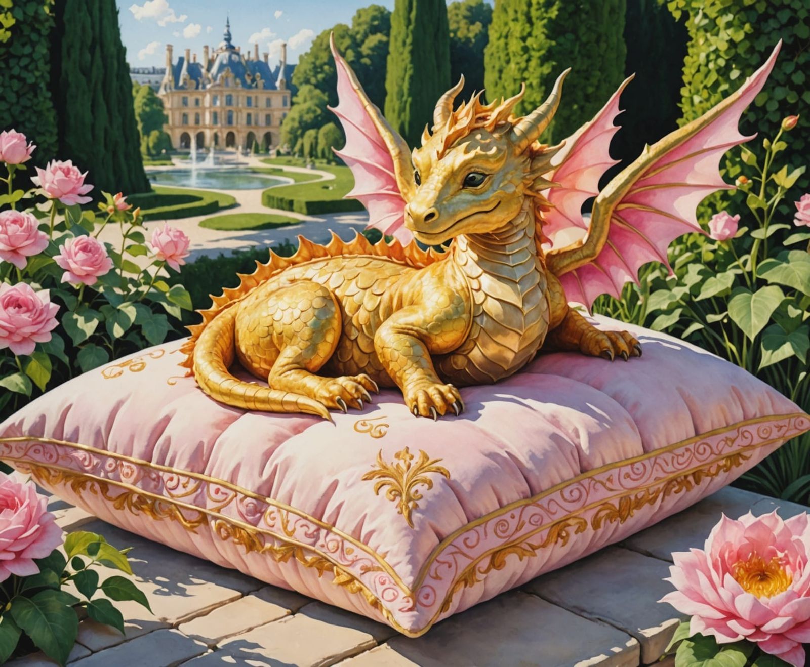 Surreal Watercolor Scene of a Sleeping Baby Dragon in the Gr...
