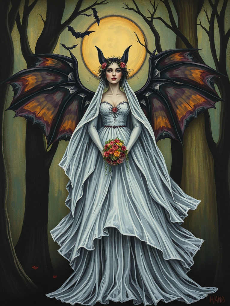 Bride in Haunted Forest with Bat Wing Dress