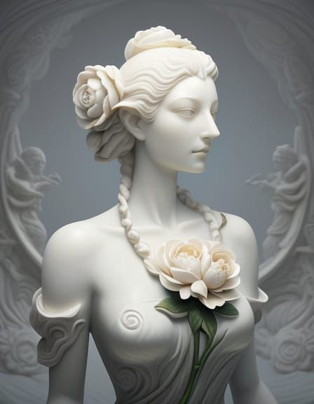 Marble Statue of Woman With Blooming Peony, Surrealist Oil P...