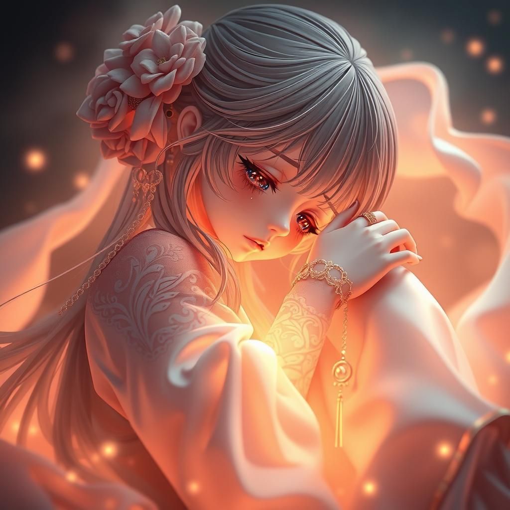 Sorrowful Girl Weeping in Luminescence, Anime Art