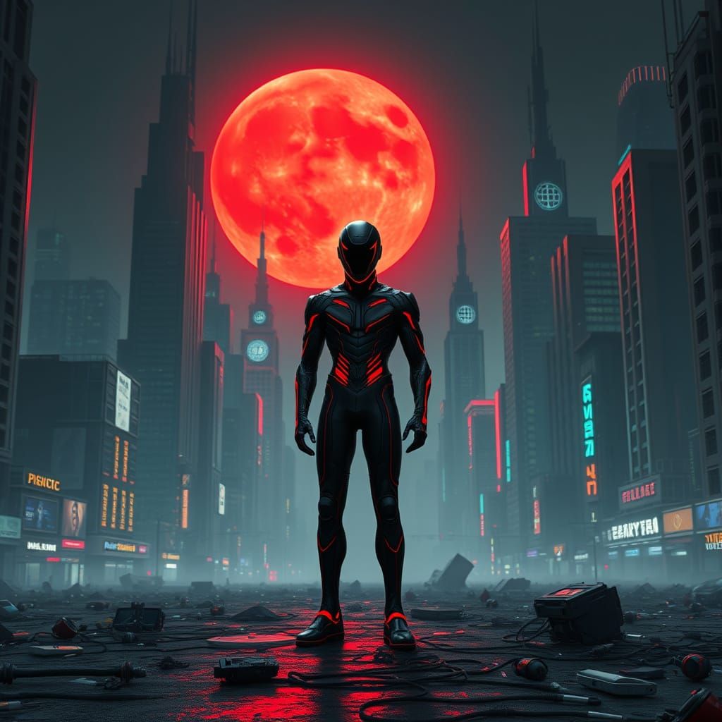 Futuristic Cityscape at Night with Lone Figure