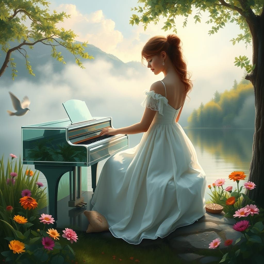Ethereal Lake: Girl Plays Glass Piano in Dreamy Style