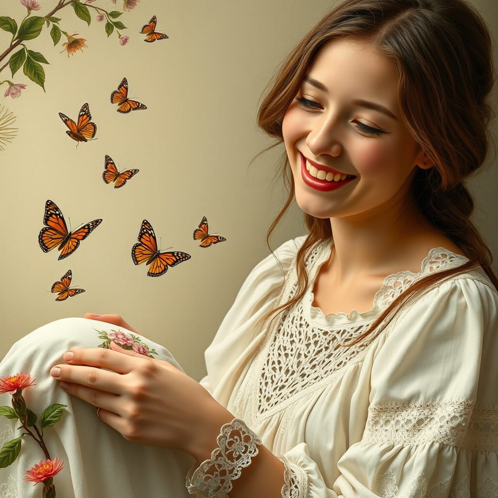 Ethereal Pre-Raphaelite Scene with Butterfly Embroidery