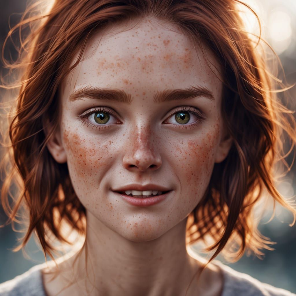 Joyful Teenage Girl with Freckles Captured in Hyper-Realisti...