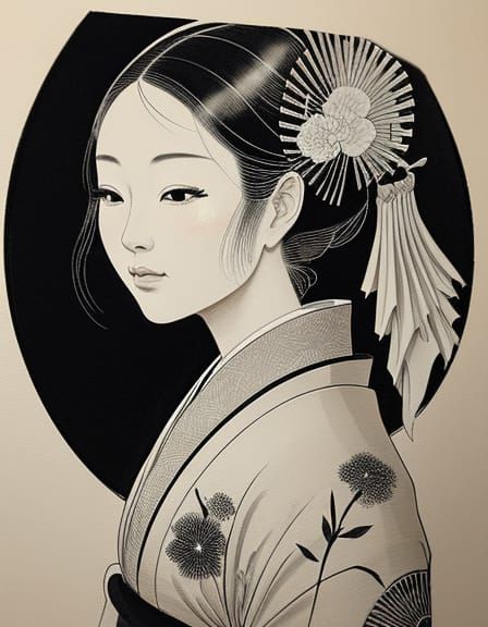 Elegant Geisha Portrait in Traditional Japanese Watercolor S...