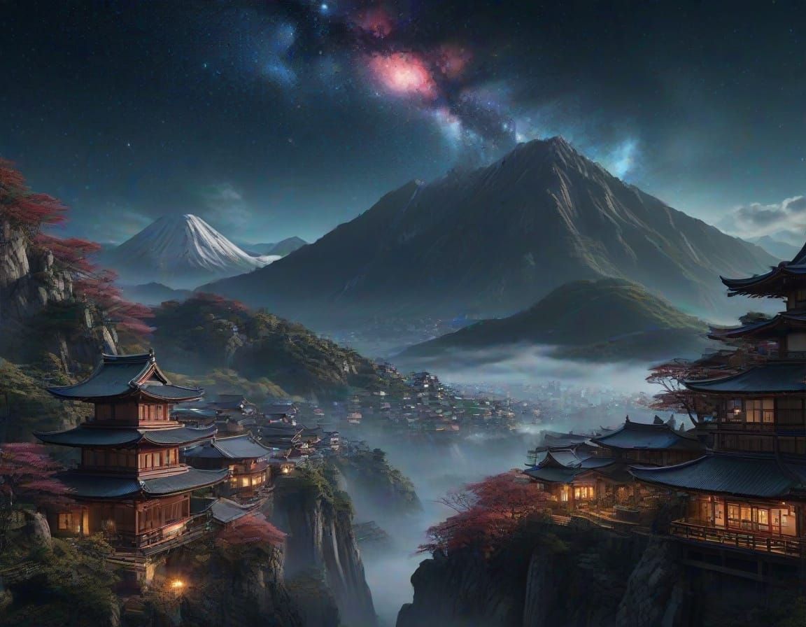 Serene Japanese Village Under Starry Skies