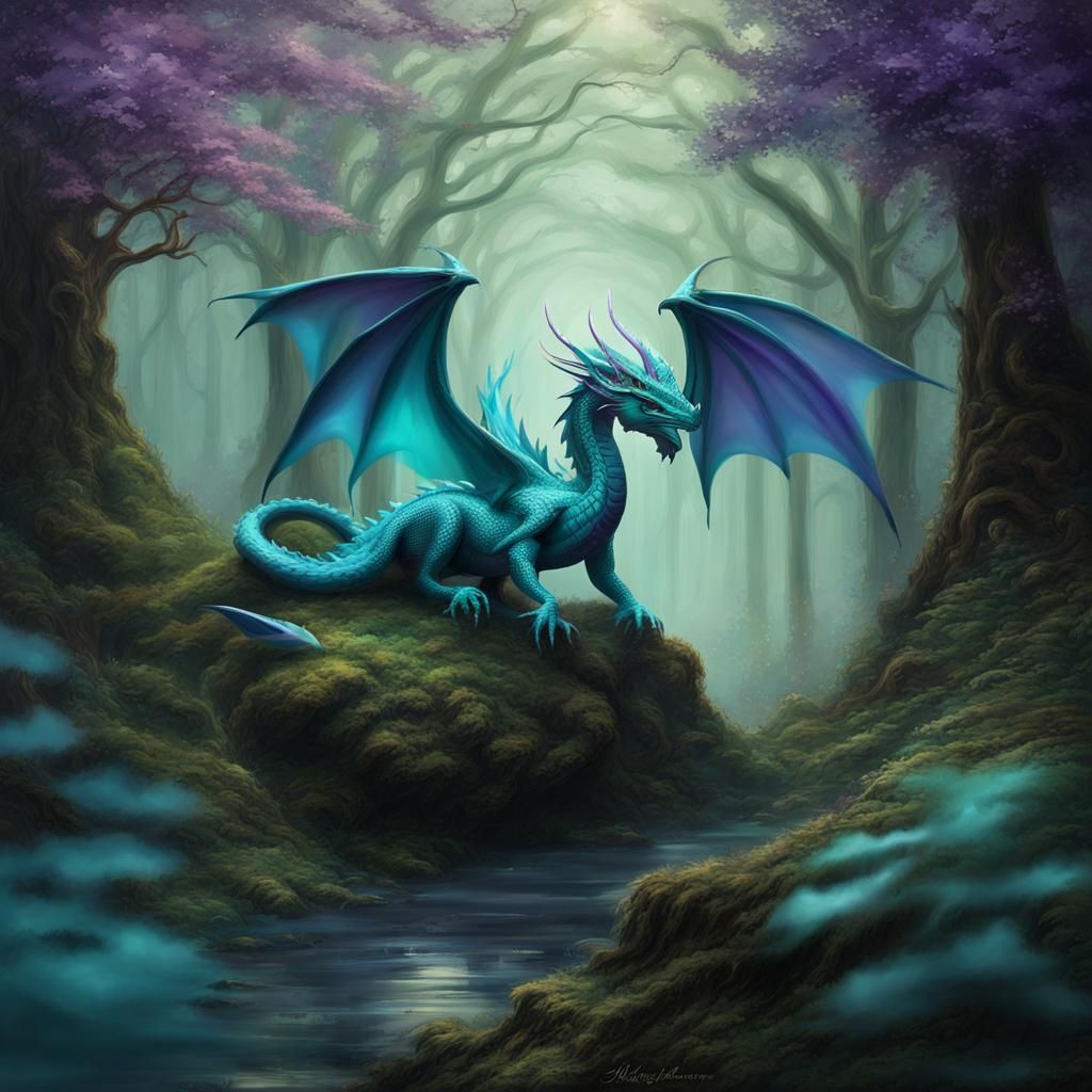 Dragon and Fairy in Magical Teal Woods