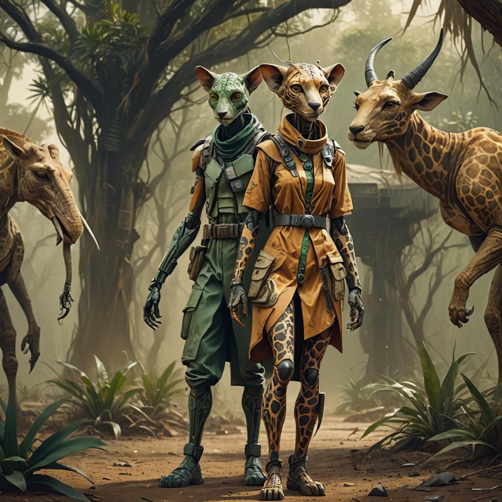 Stylized Humanoid Creature in Futuristic Safari Outfit