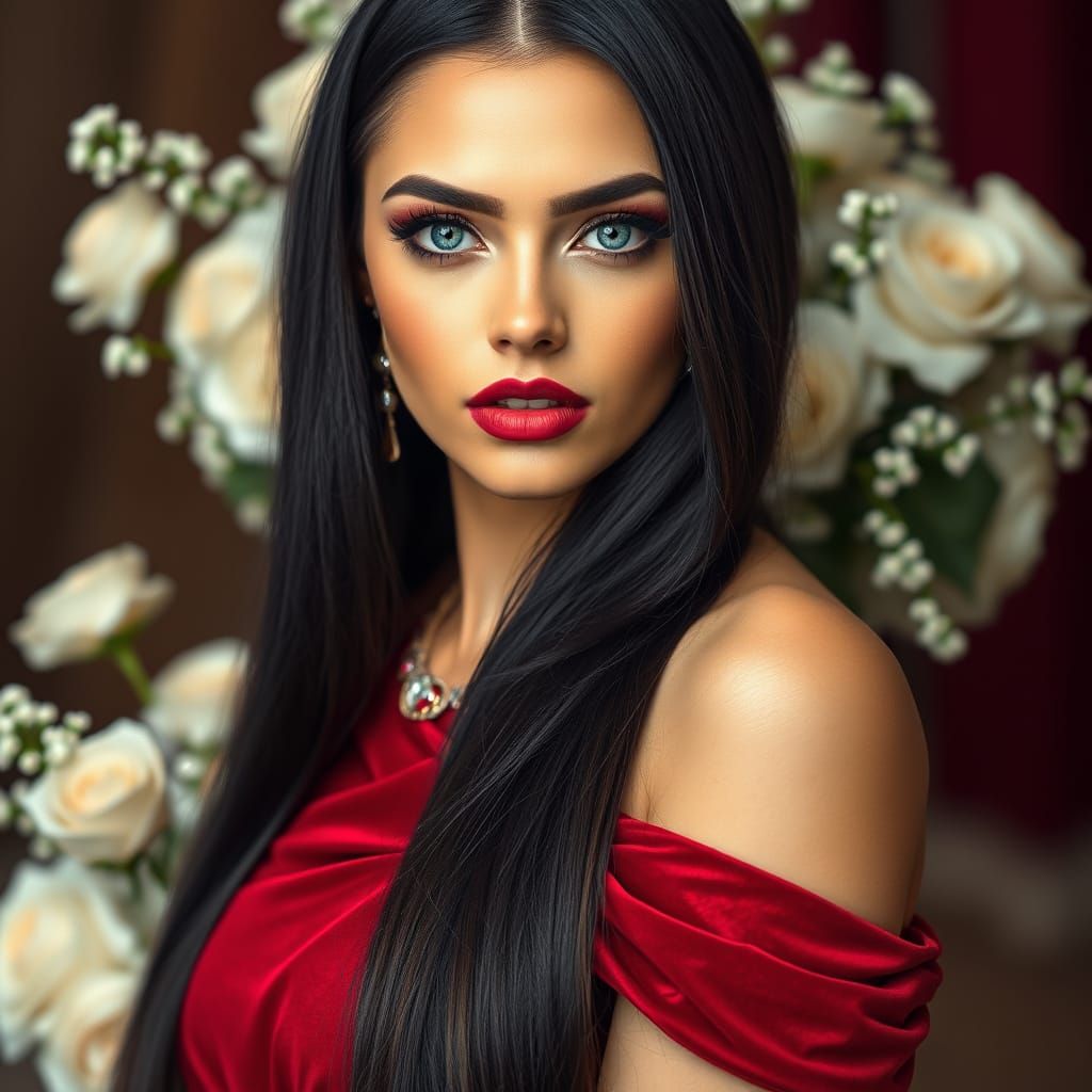 Ethereal Red Velvet Goddess in Dreamy Portrait