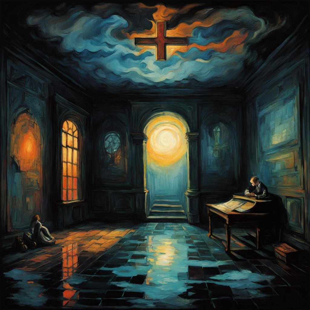 Dark Fantasy Scene with an Ocean Inside a Room