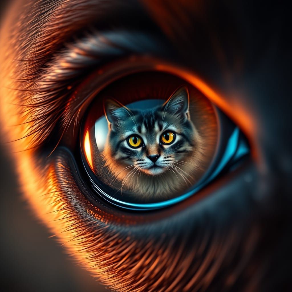 Hyperrealistic Dog Eye Macro Photography with Cat Reflection