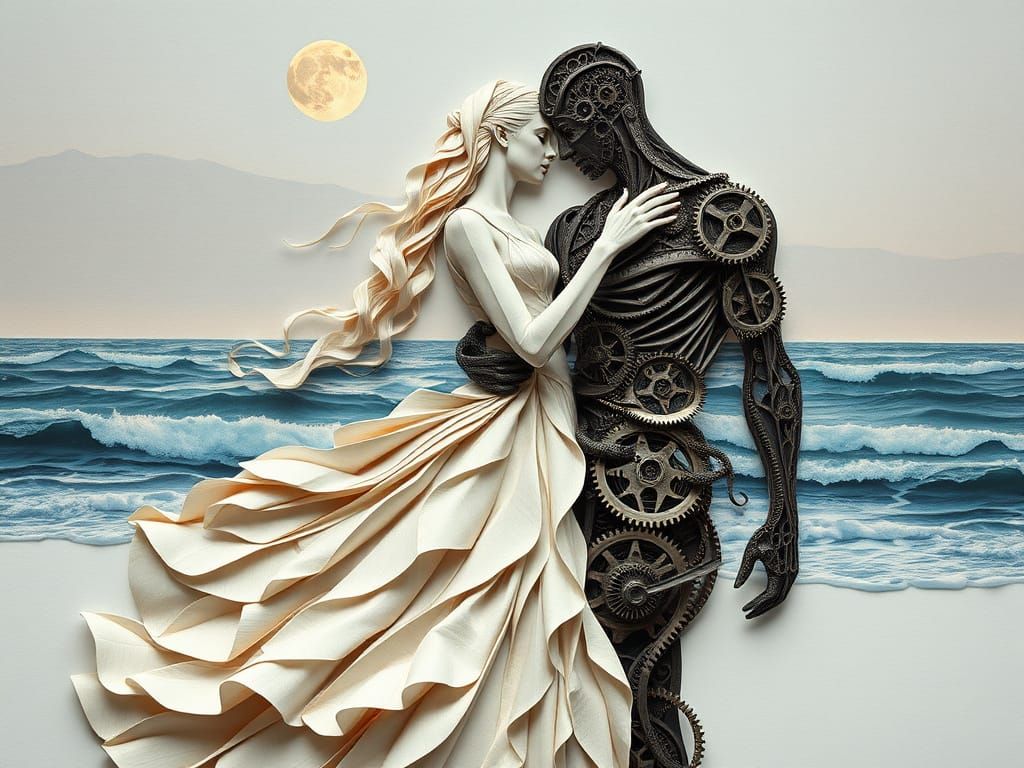 Paper Woman and Metal Man Embrace: Pre-Raphaelite Elegance