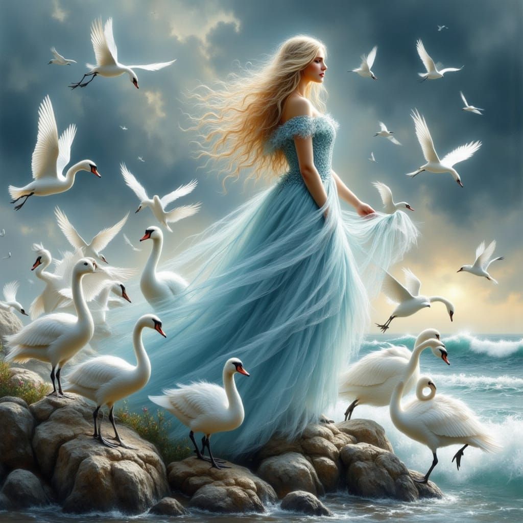 Fantasy Digital Painting: Woman with Swans