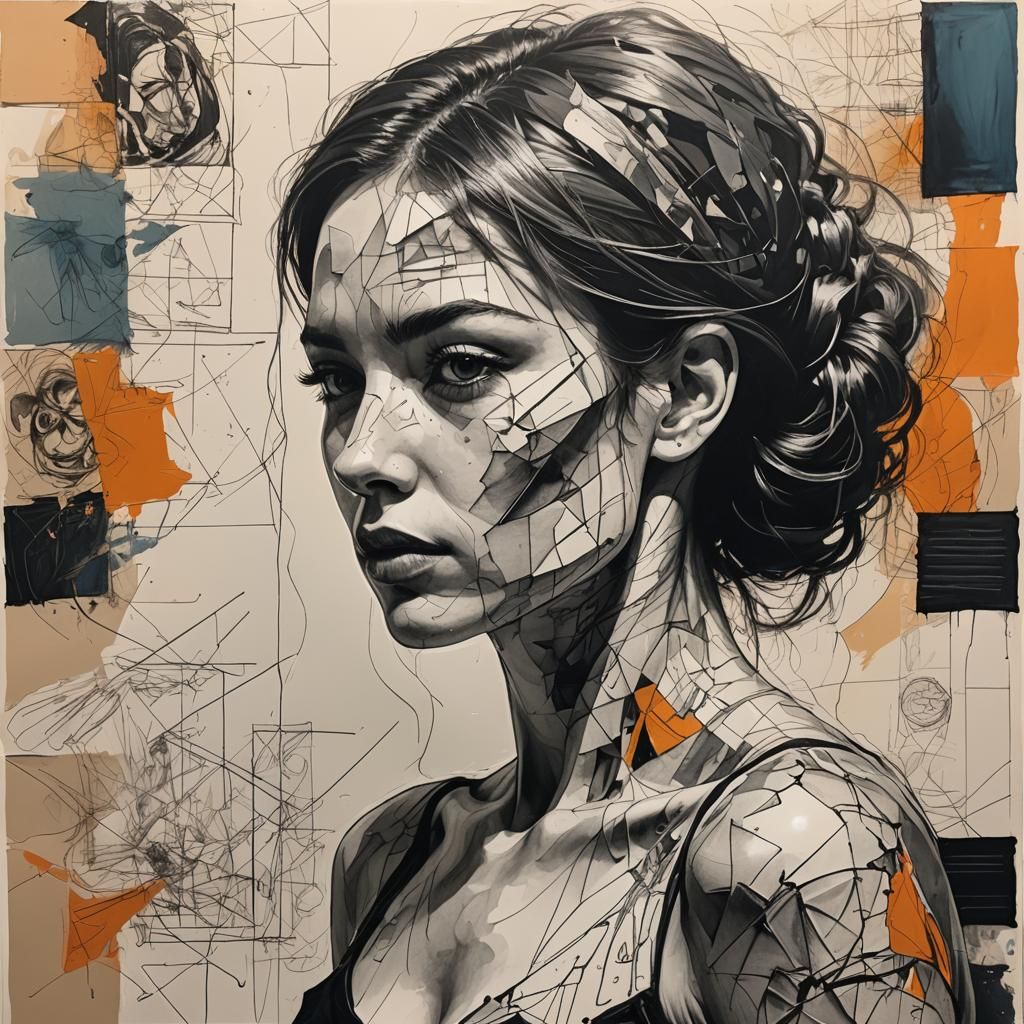 Hyperrealistic Woman with Abstract Sketches