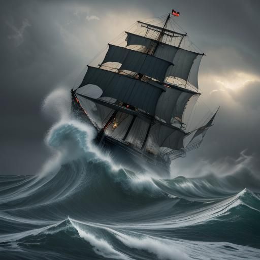 Clipper Ship Rides a Towering Wave in Tempest