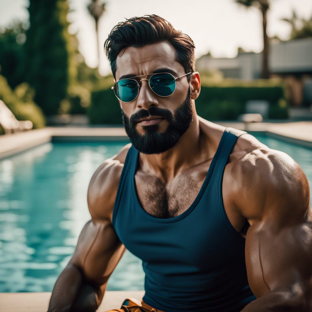 Handsome Man Lounging by Pool in Golden Light